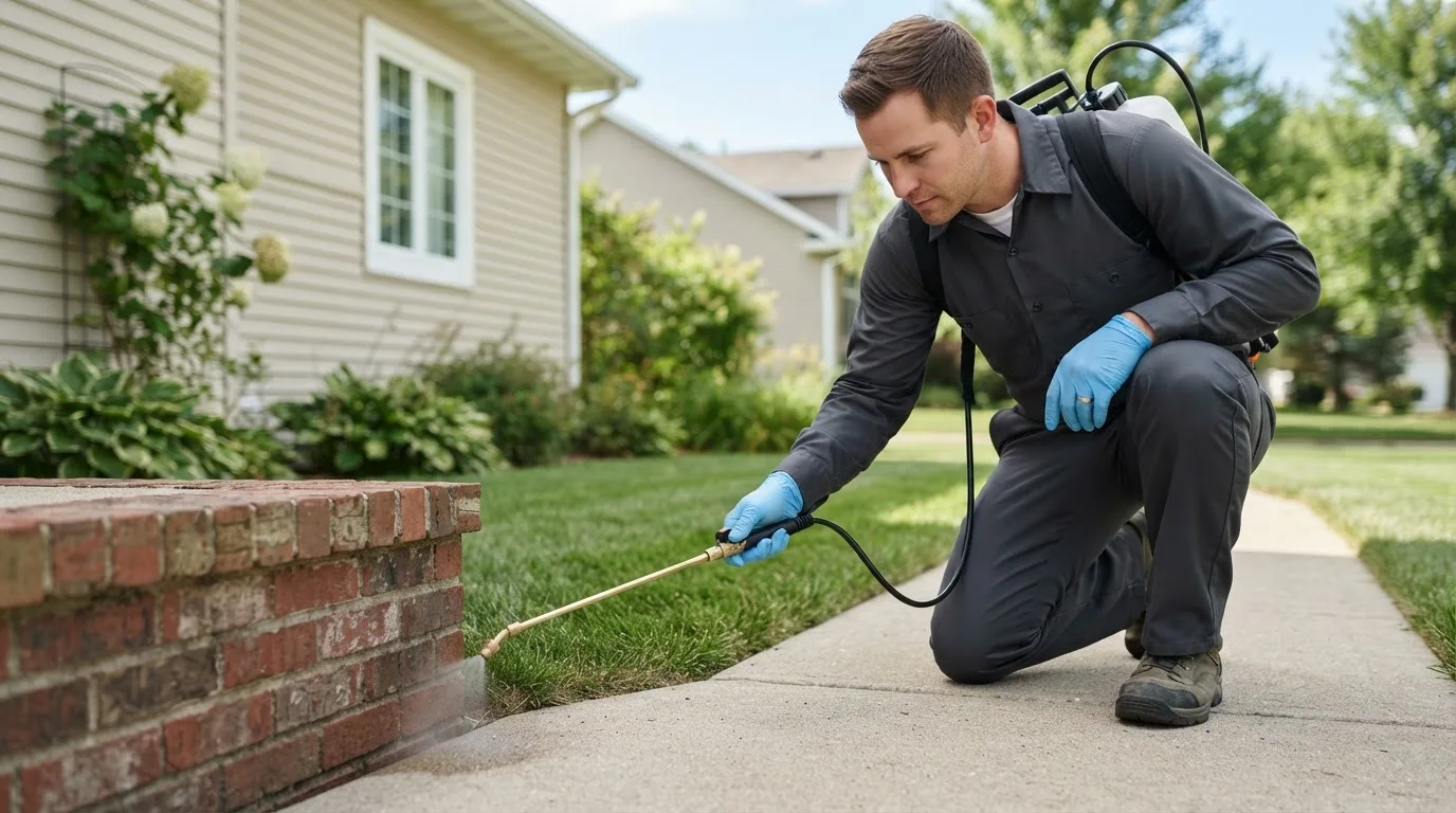 Pest control technician treating a home near French Settlement, LA